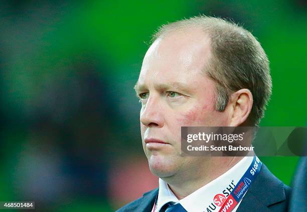 Reds head coach Tony McGahan looks on during the round eight Super Rugby match between the Rebels and the Reds at AAMI Park on April 3, 2015 in...