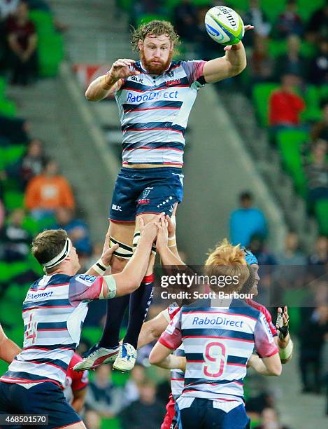 Scott Higginbotham of the Rebels wins a lineout during the round eight Super Rugby match between the Rebels and the Reds at AAMI Park on April 3,...