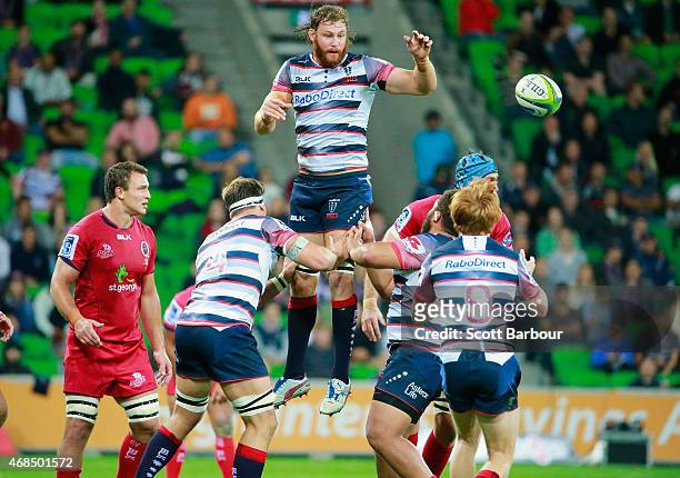 Scott Higginbotham of the Rebels wins a lineout during the round eight Super Rugby match between the Rebels and the Reds at AAMI Park on April 3,...