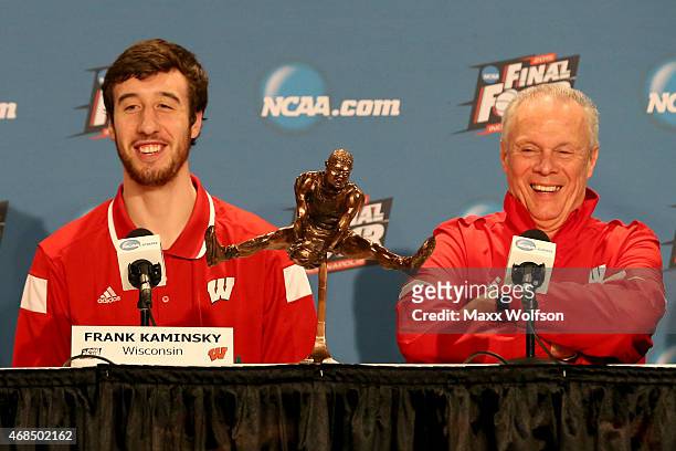 Frank Kaminsky of the Wisconsin Badgers and his head coach Bo Ryan address the media after Kaminsky wins the Oscar Robertson National Player of the...