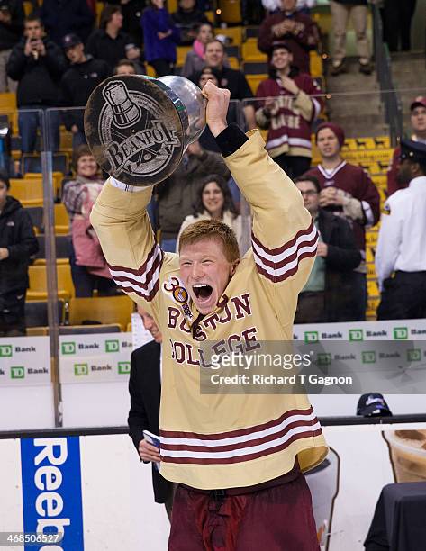 Patrick Brown of the Boston College Eagles celebrates after the Eagles beat the Northeastern University Huskies to win their fifth Beanpot...