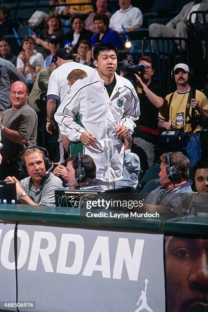 Wang ZhiZhi of the Dallas Mavericks enters against the Atlanta Hawks on April 5, 2001 at American Airlines Arena in Dallas, Texas. Wang ZhiZhi is the...