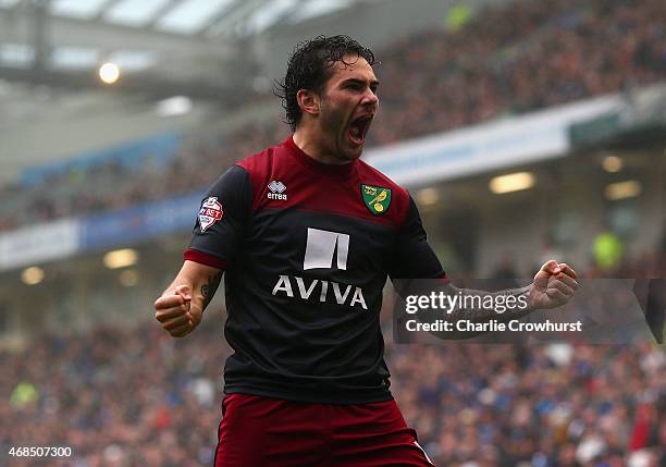 Bradley Johnson of Norwich celebrates scoring the opening goal during the Sky Bet Championship match between Brighton & Hove Albion and Norwich City...