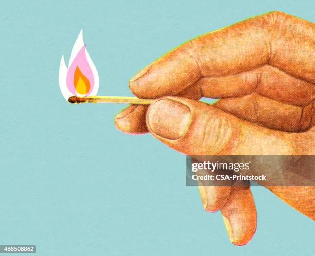 hand holding lit match - matchstick stock illustrations