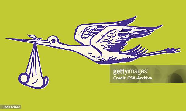 stockillustraties, clipart, cartoons en iconen met flying stork carrying baby in blanket - ooievaar