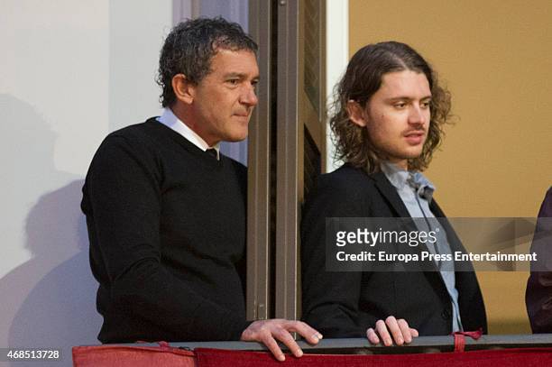 Antonio Banderas and Alexander Bauer attend procesion during Holy Week celebration on April 2, 2015 in Malaga, Spain.
