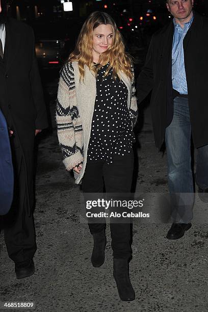 Drew Barrymore is seen arriving at Barnes and Noble in Union Square on February 10, 2014 in New York City.