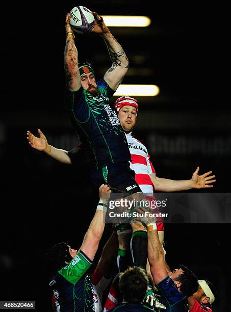 Connacht forward Aly Muldowney wins a lineout during the European Rugby Challenge Cup Quarter Final match between Gloucester Rugby and Connacht Rugby...