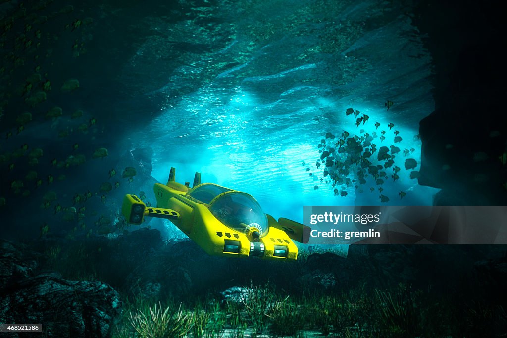 Grotte sous-marine avec sous-marin de la mer, de l'exploration