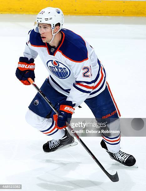 Keith Aulie of the Edmonton Oilers skates against the Anaheim Ducks on April 1, 2015 at Honda Center in Anaheim, California.