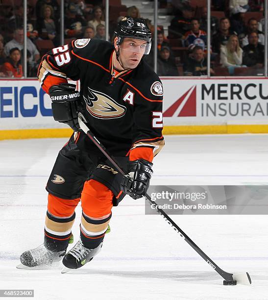 Francois Beauchemin of the Anaheim Ducks handles the puck against the Edmonton Oilers on April 1, 2015 at Honda Center in Anaheim, California.