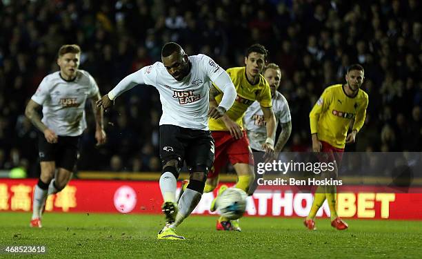 Darren Bent of Derby scores his team's first goal of the game during the Sky Bet Championship match between Derby County and Watford at iPro Stadium...