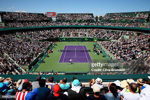 General view of stadium court showing Andy Murray of Great Britain against Tomas Berdych of the Czech Republic in their semi-final match during the...