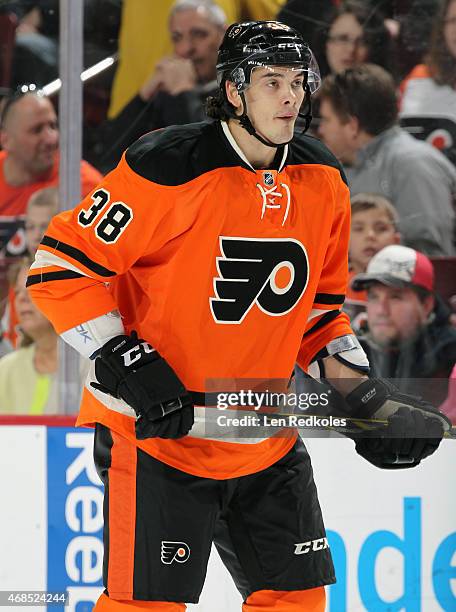 Oliver Lauridsen of the Philadelphia Flyers looks on against the San Jose Sharks on March 28, 2015 at the Wells Fargo Center in Philadelphia,...