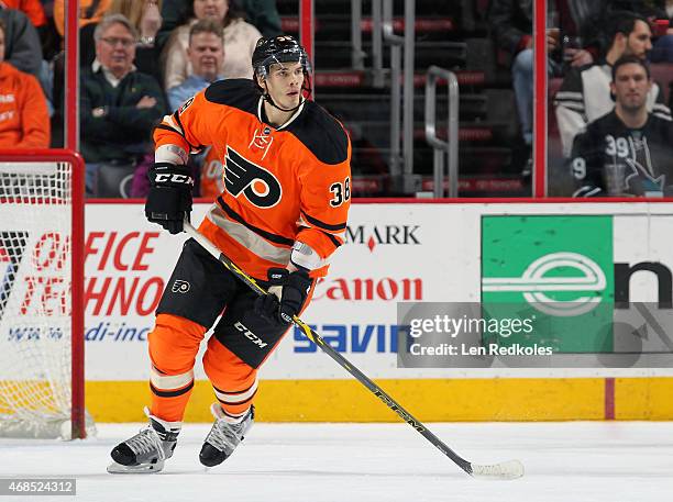 Oliver Lauridsen of the Philadelphia Flyers skates against the San Jose Sharks on March 28, 2015 at the Wells Fargo Center in Philadelphia,...