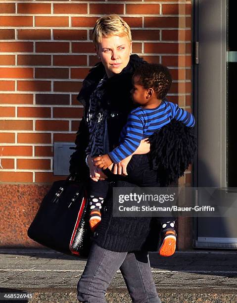 Charlize Theron is seen with her son Jackson Theron on March 24, 2013 in Boston, Massachusetts.