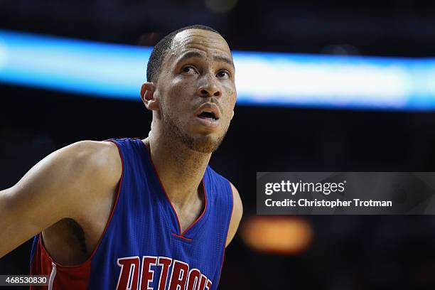 Tayshaun Prince of the Detroit Pistons looks on against the Miami Heat at American Airlines Arena on March 29, 2015 in Miami, Florida. NOTE TO USER:...