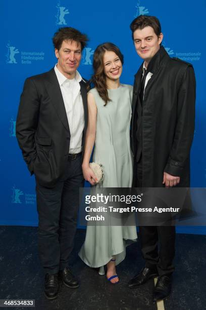 Tobias Moretti, Paula Beer and Sam Riley attend 'The Dark Valley' Premiere during 64th Berlinale International Film Festival at Grand Hyatt Hotel on...