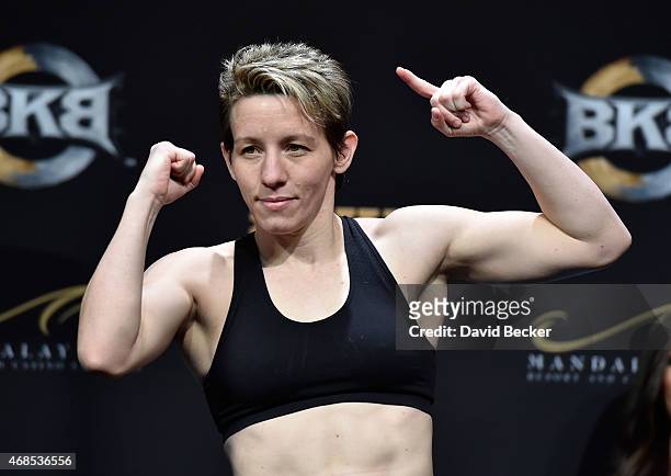 Boxer Layla McCarter appears during the BKB 2 weigh-in at the Mandalay Bay Events Center on April 3, 2015 in Las Vegas, Nevada. McCarter will meet...