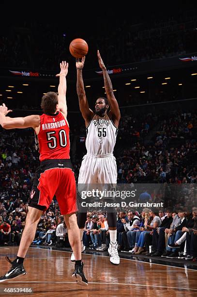 Earl Clark of the Brooklyn Nets shoots the ball against the Toronto Raptors at Barclays Center on April 3, 2015 in Brooklyn, New York NOTE TO USER:...