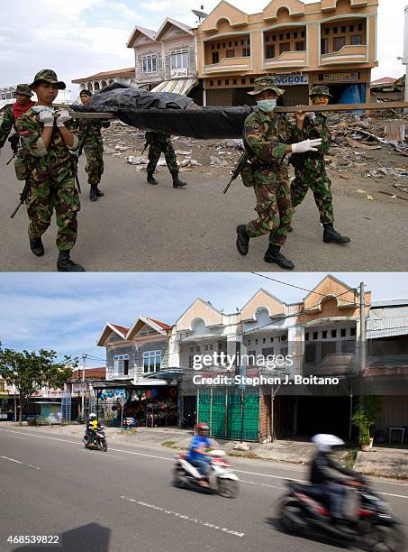 In this composite image a comparison has been made between a scene in 2005 and 2014 BANDA ACEH, INDONESIA Motorbikes ride down the road prior to the...