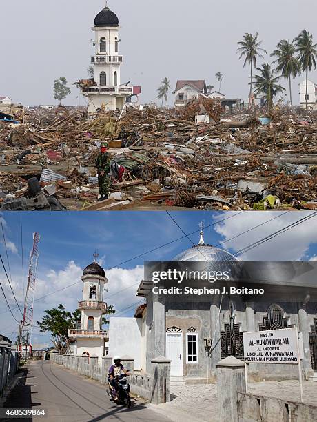 In this composite image a comparison has been made between a scene in 2005 and 2014 BANDA ACEH, INDONESIA A motorbike ride past Al- Tawhid mosque...