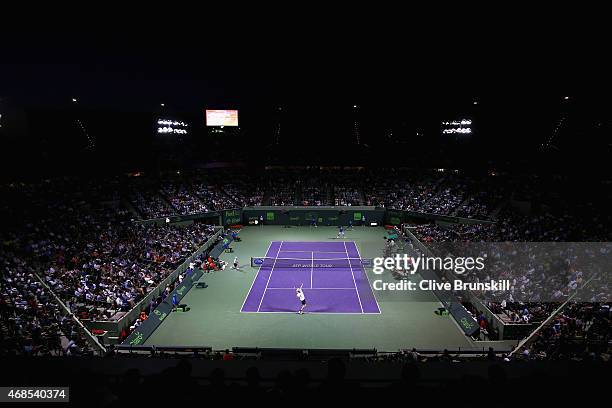 General view of stadium court showing Novak Djokovic of Serbia against John Isner of the United Staes in their semi-final match during the Miami Open...