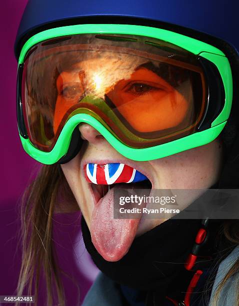 Katie Summerhayes of Great Britain ceebrates during the Freestyle Skiing Women's Slopestyle Qualification during the Sochi 2014 Winter Olympics at...