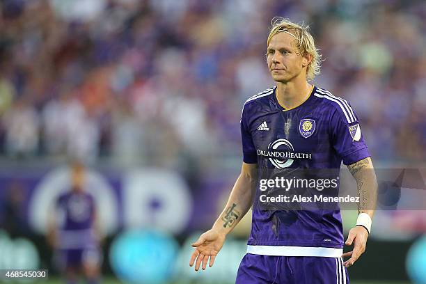 Brek Shea of Orlando City SC watches the play develop during a MLS soccer match between DC United and the Orlando City SC at the Orlando Citrus Bowl...