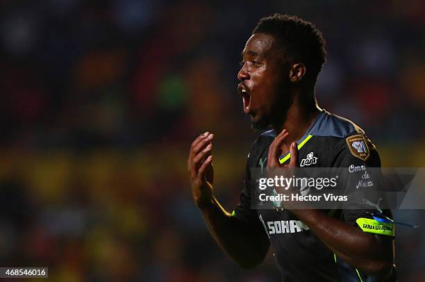 Jorge Djaniny Tavares of Santos Laguna celebrates after scoring the first goal of his team during a match between Morelia and Santos Laguna as part...