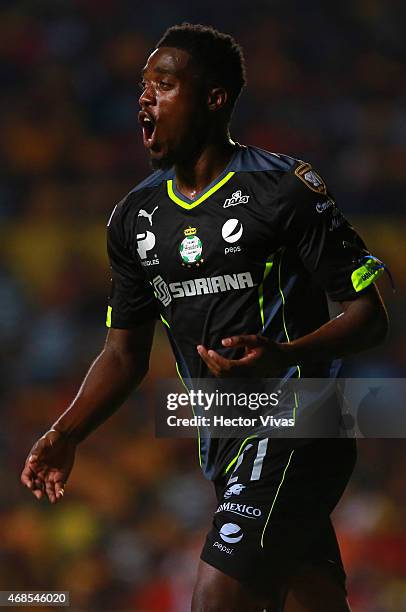 Jorge Djaniny Tavares of Santos Laguna celebrates after scoring the first goal of his team during a match between Morelia and Santos Laguna as part...