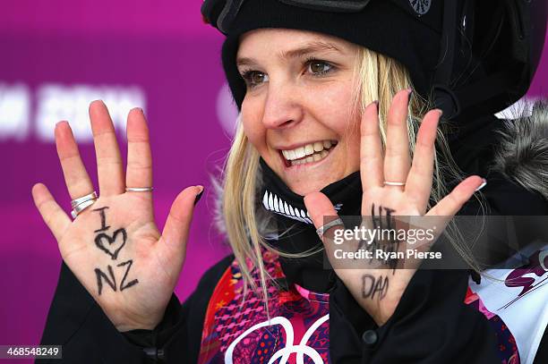 Anna Willcox-Silfverberg of New Zealand reacts during the Freestyle Skiing Women's Slopestyle Qualification during the Sochi 2014 Winter Olympics at...