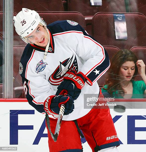 Corey Tropp of the Columbus Blue Jackets skates up ice during their NHL game against the Vancouver Canucks at Rogers Arena March 19, 2015 in...