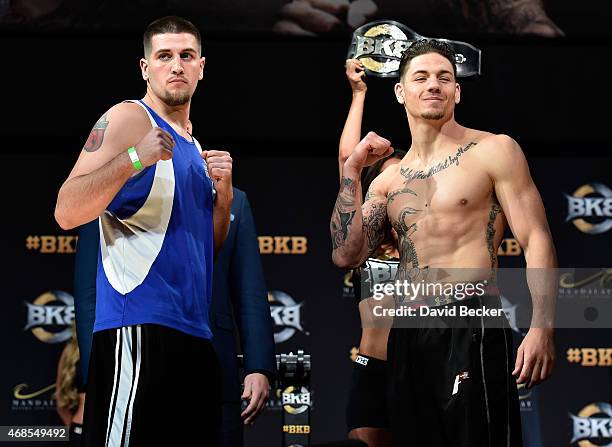 Boxers Joey Montoya and Anthony Johnson face off during the BKB 2 weigh-in at the Mandalay Bay Events Center on April 3, 2015 in Las Vegas, Nevada....