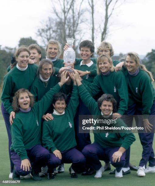 The European team with the trophy after winning the Solheim Cup golf competition held at the Dalmahoy Golf Club, Scotland, 4th October 1992. The...
