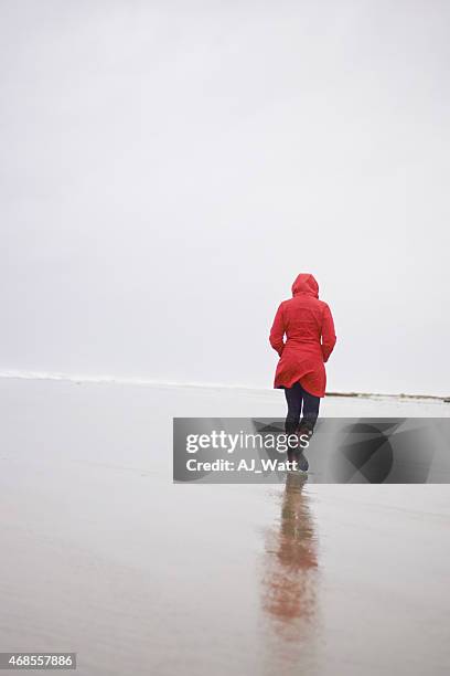 seaside stroll on a rainy day - woman in coat from back stock pictures, royalty-free photos & images