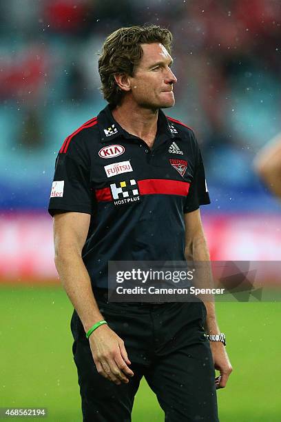 Bombers coach James Hird looks dejected after losing the Round One AFL match between the Sydney Swans and the Essendon Bombers at ANZ Stadium on...