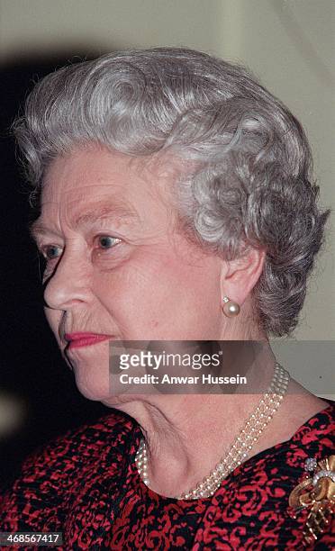Queen Elizabeth II attends a reception for LEPRA 75th anniversary 'Quest for Dignity' art competition at the Royal Geographical Society on February...