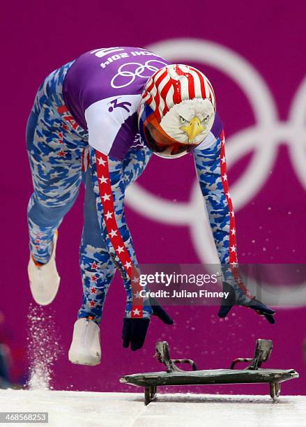 Katie Uhlaender of the United States makes a run during a Women's Skeleton training session on Day 4 of the Sochi 2014 Winter Olympics at the Sanki...