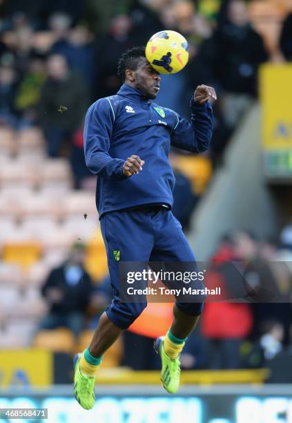 Joseph Yobo of Norwich City warming up before the Barclays Premier League match between Norwich City and Manchester City at Carrow Road on February...