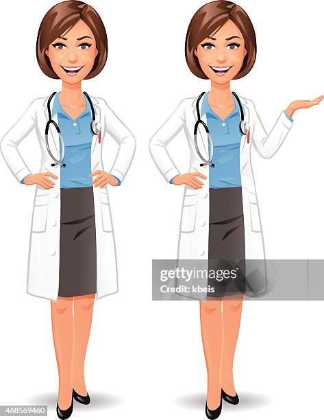 weiblich arzt stehend mit händen auf den hüften - woman talking doctor stock-grafiken, -clipart, -cartoons und -symbole