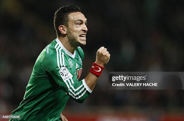 St Etienne's French forward Mevlut Erding celebrates after scoring a goal during the French L1 football match Monaco vs Saint Etienne on April 3,...