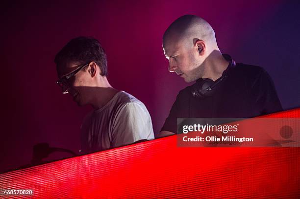 Paavo Siljam and Jono Grant of Above and Beyond perform on stage during the first of two soldout night at Brixton Academy on April 3, 2015 in London,...