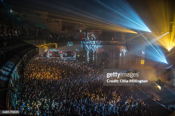 Paavo Siljam and Jono Grant of Above and Beyond perform on stage during the first of two soldout night at Brixton Academy on April 3, 2015 in London,...