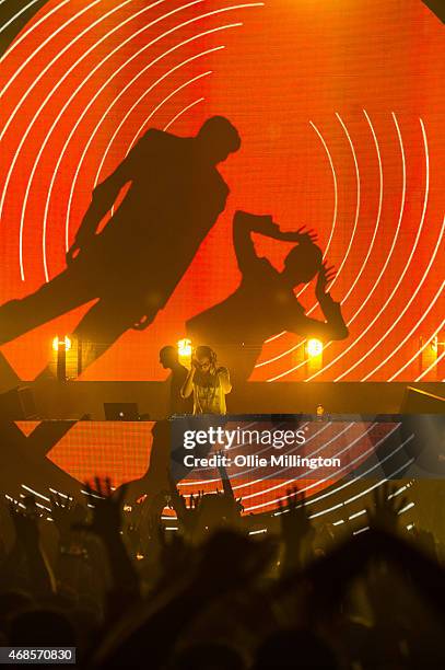 Paavo Siljam and Jono Grant of Above and Beyond perform on stage during the first of two soldout night at Brixton Academy on April 3, 2015 in London,...