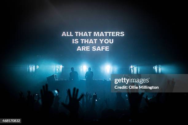 Paavo Siljam and Jono Grant of Above and Beyond perform on stage during the first of two soldout night at Brixton Academy on April 3, 2015 in London,...