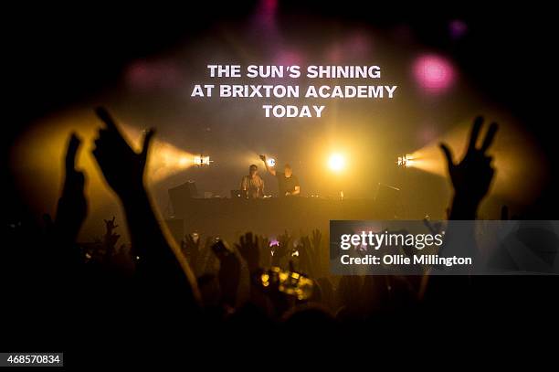 Paavo Siljam and Jono Grant of Above and Beyond perform on stage during the first of two soldout night at Brixton Academy on April 3, 2015 in London,...