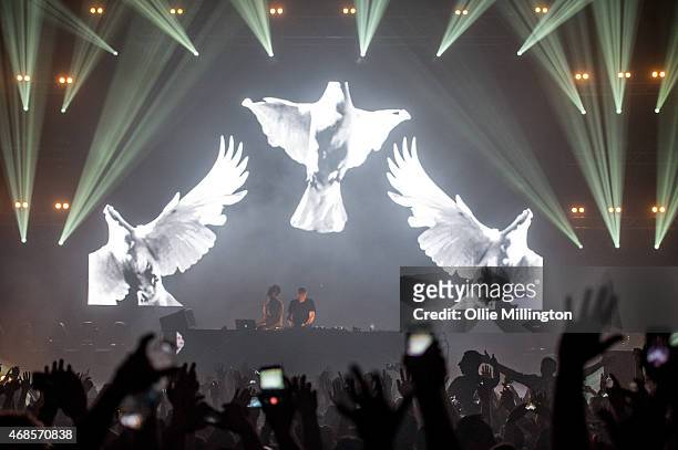 Paavo Siljam and Jono Grant of Above and Beyond perform on stage during the first of two soldout night at Brixton Academy on April 3, 2015 in London,...
