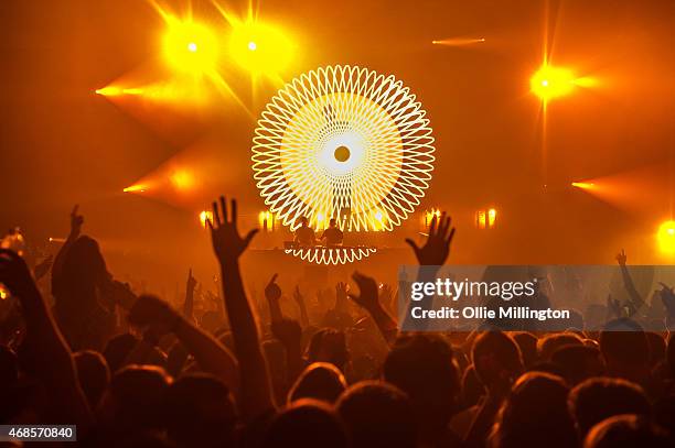 Paavo Siljam and Jono Grant of Above and Beyond perform on stage during the first of two soldout night at Brixton Academy on April 3, 2015 in London,...