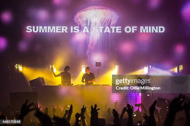 Paavo Siljam and Jono Grant of Above and Beyond perform on stage during the first of two soldout night at Brixton Academy on April 3, 2015 in London,...